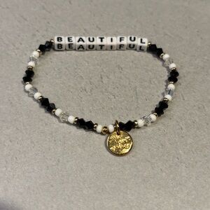 Black and White Little Words Project Beaded Bracelet with Gold Charm